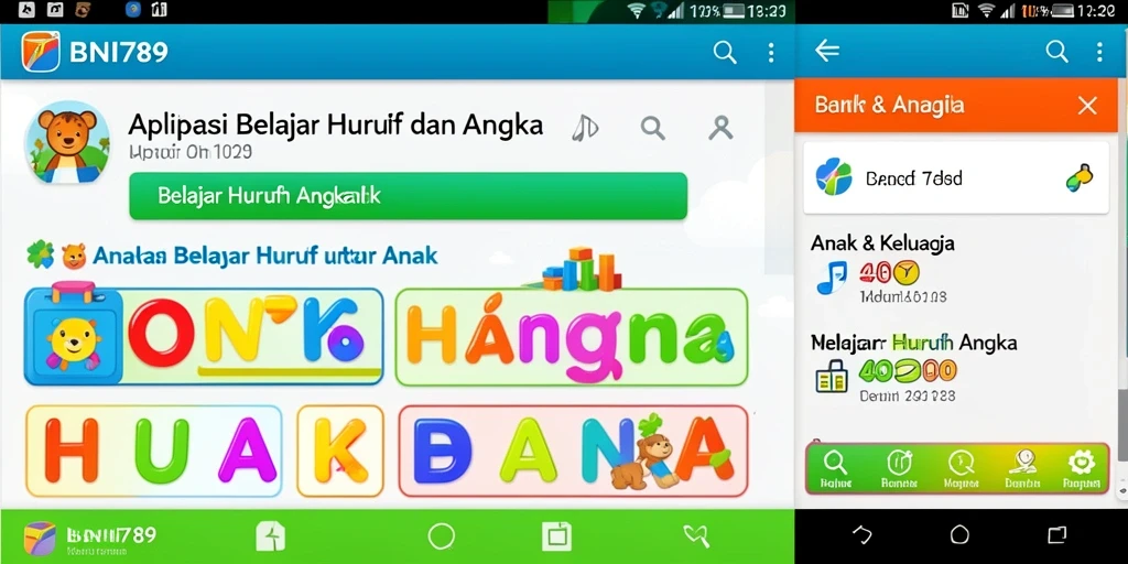 Tampilan antarmuka BNI789 yang menarik untuk belajar huruf dan angka.
